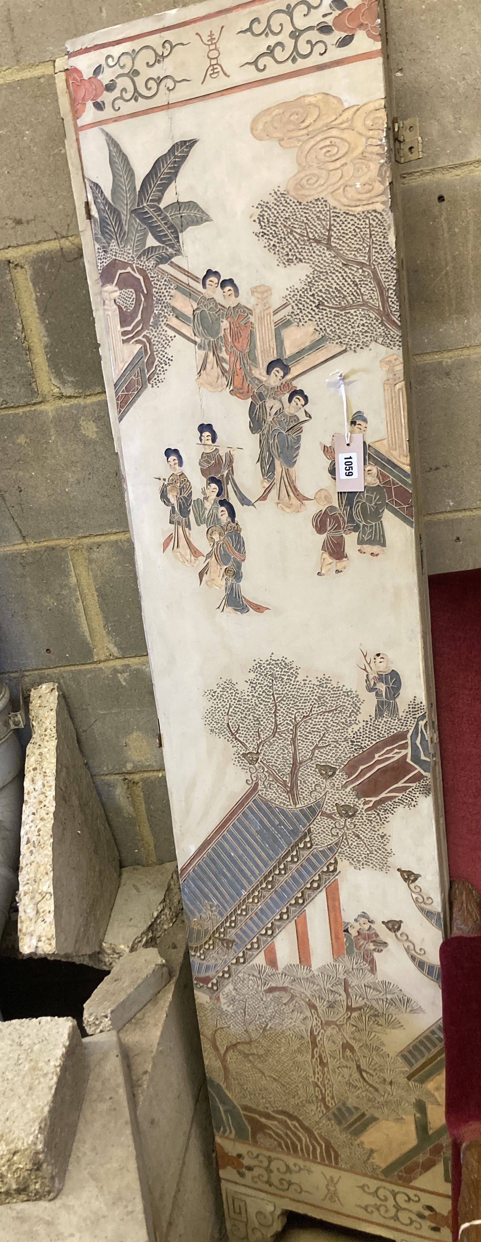 A Chinese painted four fold dressing screen, each panel width 40cm, height 185cm